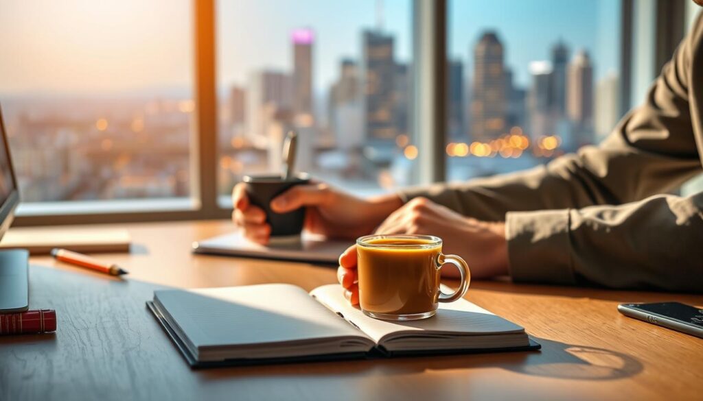 A neatly organized desk with a notebook, pen, and a cup of coffee in the foreground. The background features a window overlooking a bustling city skyline, suggesting a fast-paced, professional setting. The lighting is warm and natural, casting a soft glow on the scene. The overall atmosphere conveys efficiency, productivity, and an attentive approach to note-taking using the Sentence Method.