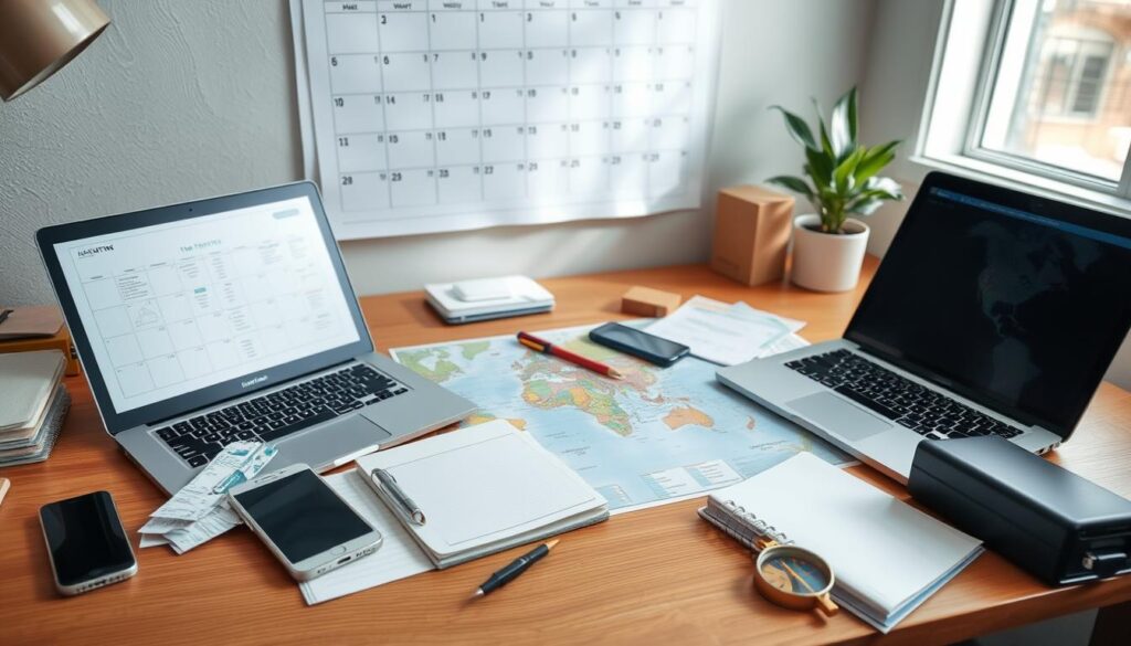 A neatly organized desk with various vacation planning tools, including a laptop, notebook, and a map spread out. A smartphone, airline tickets, and a compass add to the detailed scene. Soft natural lighting floods the workspace, creating a serene and focused atmosphere. The viewer can almost feel the anticipation of planning the perfect getaway. In the background, a large calendar hangs on the wall, highlighting key travel dates. The overall composition conveys a step-by-step approach to vacation planning, reflecting the article's subject and section title.
