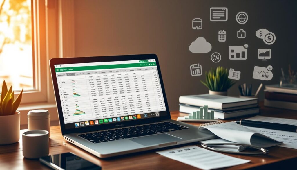A neatly organized desktop with a laptop, spreadsheet software open, and various expense tracking icons like charts, graphs, and receipts. The scene is bathed in warm, natural light from a window, creating a cozy and focused atmosphere. The laptop screen displays a detailed monthly expense tracker template, showcasing its intuitive layout and user-friendly features. The overall composition emphasizes the visual representation of financial data, conveying the importance of effective expense management.