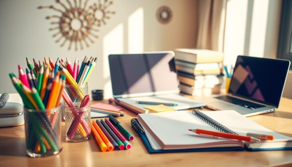 A neatly organized study desk with various stationery items such as colorful pens, pencils, highlighters, and sticky notes. A laptop, textbooks, and a planner are arranged in a visually appealing manner, showcasing an efficient and well-thought-out study setup. The scene is bathed in warm, natural lighting, creating a productive and focused atmosphere. The background features a minimalist wall decor, complementing the organized nature of the workspace. The overall composition emphasizes the importance of maintaining a structured and efficient study environment to facilitate optimal learning and productivity. A neatly organized study desk with various stationery items such as colorful pens, pencils, highlighters, and sticky notes. A laptop, textbooks, and a planner are arranged in a visually appealing manner, showcasing an efficient and well-thought-out study setup. The scene is bathed in warm, natural lighting, creating a productive and focused atmosphere. The background features a minimalist wall decor, complementing the organized nature of the workspace. The overall composition emphasizes the importance of maintaining a structured and efficient study environment to facilitate optimal learning and productivity.