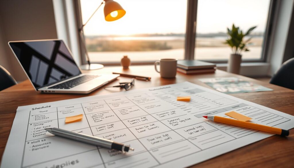 A neatly organized study schedule plan laid out on a wooden desktop. The plan consists of a grid with sections for different subjects, time slots, and to-do lists. The foreground shows a pen, highlighter, and sticky notes scattered around the plan. The middle ground features a laptop, a mug of coffee, and a desk lamp casting a warm, focused glow. The background showcases a minimalist office setting with a large window overlooking a serene outdoor scene, creating a calming, productive atmosphere.