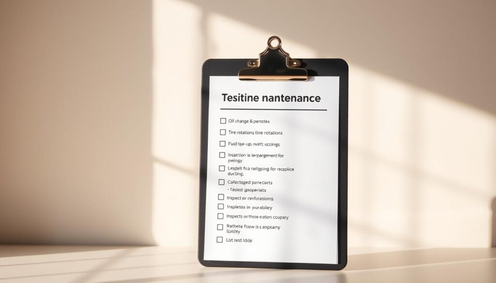 A neatly organized vehicle maintenance checklist displayed on a clipboard against a softly lit, minimalist backdrop. The checklist outlines essential tasks such as oil change, tire rotation, fluid top-ups, and inspection of key components. The lighting is warm and natural, creating a sense of approachability and practicality. The composition is balanced, with the checklist taking center stage, surrounded by a clean, uncluttered space that emphasizes the importance of routine care. The overall atmosphere conveys a feeling of order, efficiency, and the importance of staying on top of vehicle maintenance for optimal performance and longevity. A neatly organized vehicle maintenance checklist displayed on a clipboard against a softly lit, minimalist backdrop. The checklist outlines essential tasks such as oil change, tire rotation, fluid top-ups, and inspection of key components. The lighting is warm and natural, creating a sense of approachability and practicality. The composition is balanced, with the checklist taking center stage, surrounded by a clean, uncluttered space that emphasizes the importance of routine care. The overall atmosphere conveys a feeling of order, efficiency, and the importance of staying on top of vehicle maintenance for optimal performance and longevity.