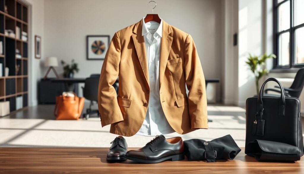 A neatly organized workspace, with a desk showcasing essential business casual outfit pieces. In the foreground, a crisp white button-down shirt, a tan blazer, and a pair of sleek black trousers, all arranged in a visually appealing manner. In the middle ground, a pair of classic leather dress shoes and a professional leather briefcase or portfolio. The background features a clean, minimalist office environment with neutral-toned walls and modern decor, illuminated by soft, natural lighting filtering through large windows. The overall atmosphere conveys a sense of sophistication, professionalism, and attention to detail, reflecting the "Business Casual Outfits for Work: Essential Pieces" theme.