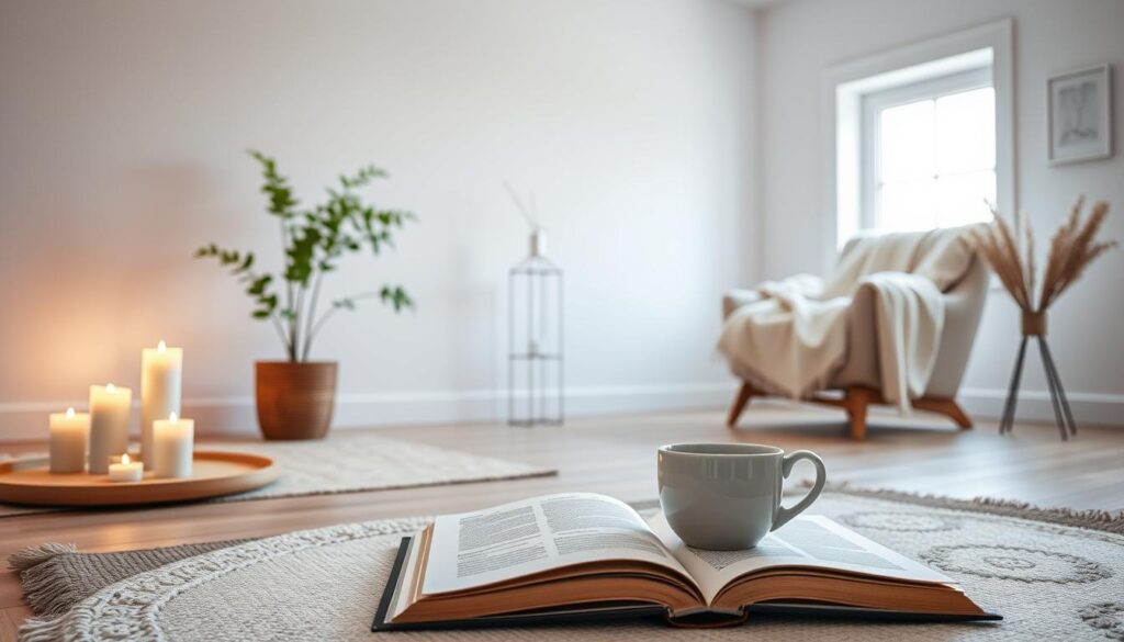 A peaceful sanctuary amidst the chaos, a serene oasis where self-care boundaries are cultivated. In the foreground, a tranquil meditation space with a plush rug, candles, and a potted plant radiating a sense of calm. The middle ground features an open book and a steaming mug, symbolizing the importance of mindfulness and introspection. In the background, a cozy nook with a comfortable armchair, a cozy throw, and a single window allowing natural light to filter in, creating a warm, nurturing atmosphere. The overall scene exudes a minimalist, Scandinavian-inspired aesthetic, with clean lines and a muted color palette, evoking a feeling of balance and control over one's personal space and time. A peaceful sanctuary amidst the chaos, a serene oasis where self-care boundaries are cultivated. In the foreground, a tranquil meditation space with a plush rug, candles, and a potted plant radiating a sense of calm. The middle ground features an open book and a steaming mug, symbolizing the importance of mindfulness and introspection. In the background, a cozy nook with a comfortable armchair, a cozy throw, and a single window allowing natural light to filter in, creating a warm, nurturing atmosphere. The overall scene exudes a minimalist, Scandinavian-inspired aesthetic, with clean lines and a muted color palette, evoking a feeling of balance and control over one's personal space and time.