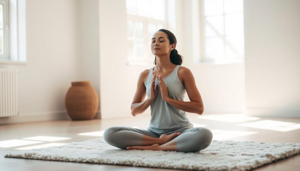 A peaceful, serene scene of a person practicing mindful meditation in a well-lit, minimalist room. The subject is sitting cross-legged on a plush rug, eyes closed and hands resting gently on their lap, exuding a sense of calm focus and inner discipline. The room is bathed in warm, natural light filtering through large windows, casting soft shadows and creating a contemplative atmosphere. The background is simple, with clean white walls and a subtle, soothing color palette, allowing the subject to be the central focus. The overall impression is one of purposeful introspection and the power of self-control.