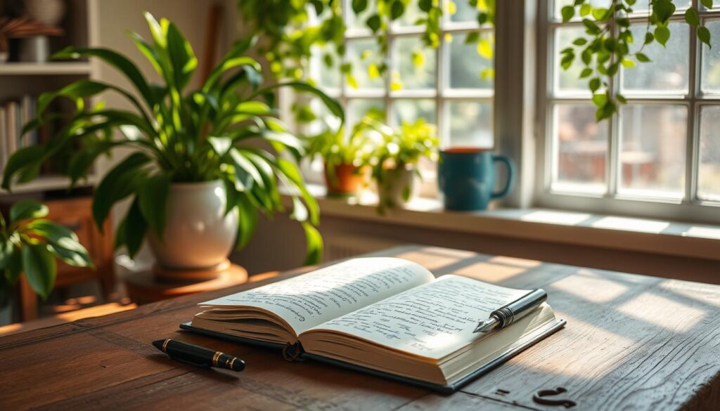 A peaceful, sun-drenched study nook, adorned with lush indoor greenery and flowing natural light. On a rustic wooden table, an open journal lies, its pages filled with thoughtful musings and doodles. A fountain pen rests nearby, its nib poised, ready to capture the next spark of self-discovery. The scene exudes a sense of introspection and personal growth, inviting the viewer to immerse themselves in the meditative process of journaling.