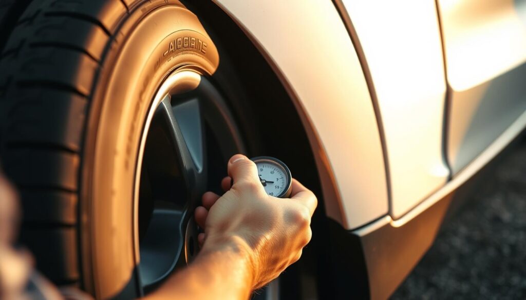 A person's hands carefully checking the tire pressure on a car's front wheel. The scene is well-lit, with warm, natural lighting casting a soft glow on the subject. The tire is shown in the foreground, with the person's hands gripping the pressure gauge and pressing it against the tire's valve stem. The background is slightly blurred, allowing the focus to remain on the tire and the hands performing the pressure check. The image conveys a sense of attentiveness and precision, reflecting the importance of proper tire maintenance.