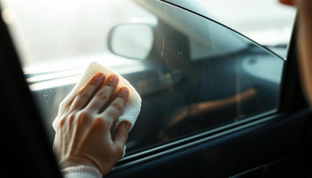 A person's hands thoroughly cleaning a streak-free, sparkling car window with a microfiber cloth in soft, natural sunlight. The window is framed by the car's interior, with a blurred background of the car's exterior. The lighting is soft and diffused, creating a calm, serene atmosphere. The person's movements are graceful and deliberate, demonstrating the technique of cleaning windows without leaving any unsightly marks or residue. The window appears flawlessly transparent, allowing a clear view of the outside scenery.