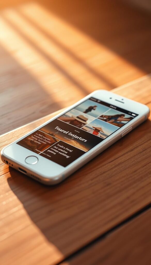 A pristine white smartphone rests on a wooden table, its screen showcasing a grid of travel-inspired Instagram captions. The captions are rendered in a clean, minimalist typeface that evokes a sense of wanderlust and adventure. The scene is bathed in warm, natural lighting, casting a soft, golden glow that enhances the aesthetic appeal. The background is blurred, allowing the phone and its captivating content to be the focal point. The overall composition exudes a sense of simplicity, elegance, and the joy of sharing one's travel experiences through social media.