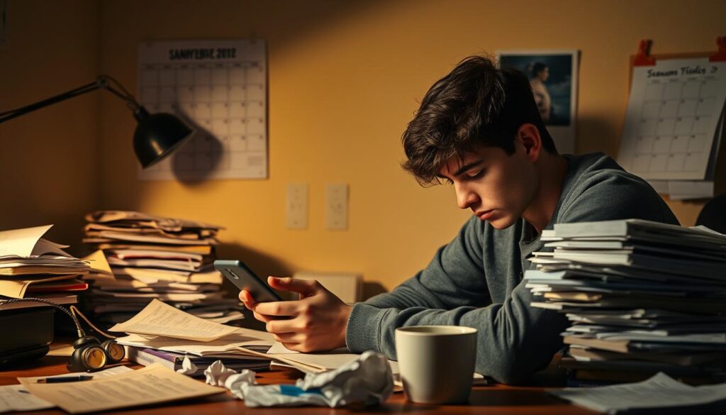 A procrastinating student sits at a messy desk, surrounded by distractions. Dim, warm lighting casts long shadows, creating a sense of unease. Piles of unfinished work, crumpled papers, and a forgotten cup of cold coffee clutter the workspace. The student's head is bowed, gaze fixed on a smartphone, eyes glazed with disinterest. In the background, a wall calendar displays the days ticking by, a silent reminder of deadlines missed. The scene conveys a palpable atmosphere of inertia and unproductive drifting, a visual metaphor for the common struggle with procrastination that often plagues students.