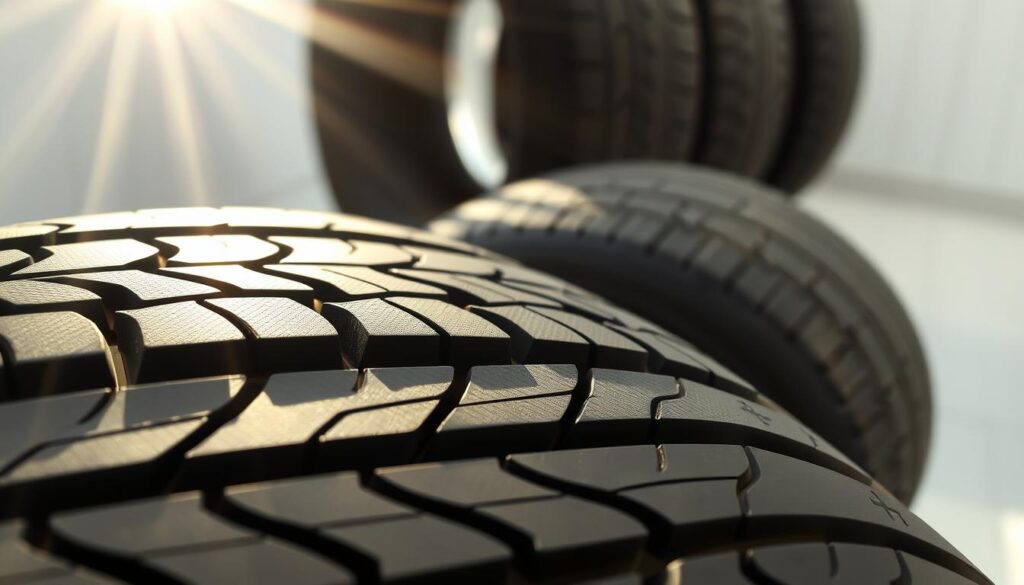 A radiant light illuminates the intricate patterns of tire treads, casting intricate shadows across the surface. In the foreground, a high-resolution close-up reveals the intricate grooves and siping, capturing the nuances of the rubber compound. In the middle ground, the tires rotate at a steady pace, showcasing the rhythmic motion and transition between the tread patterns. The background is a clean, neutral environment, allowing the focus to remain on the captivating details of the tires. The overall composition conveys a sense of precision, functionality, and the importance of proper tire maintenance.
