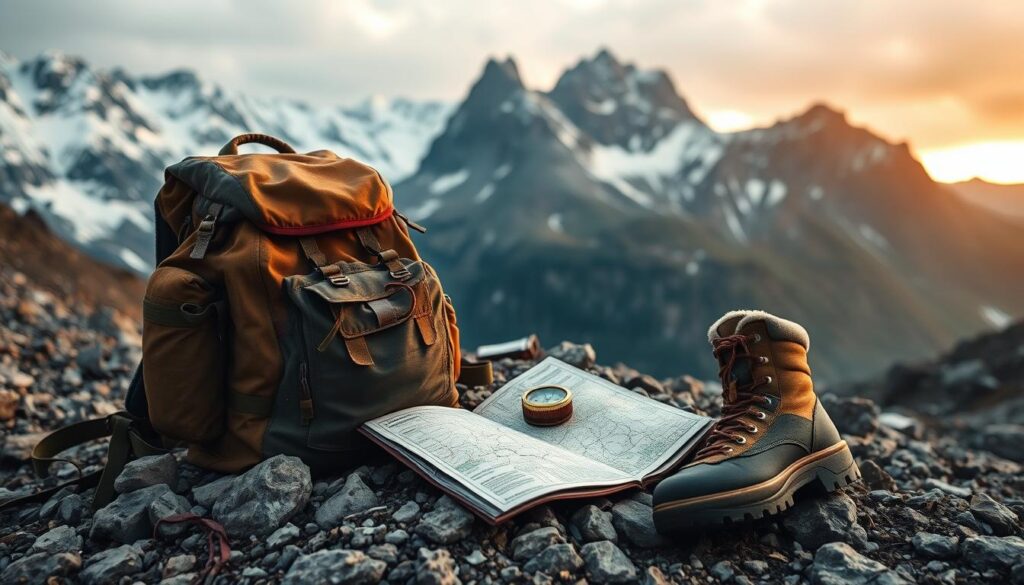 A rugged hiker's backpack rests on a rocky trail, surrounded by towering, snow-capped peaks. In the middle ground, a weathered map and compass lie open, while a warm, wool-lined jacket and sturdy hiking boots sit nearby, ready for the changeable conditions. The scene is bathed in soft, golden light filtering through an overcast sky, conveying a sense of preparedness and adventure. The overall atmosphere evokes the challenges and rewards of exploring breathtaking mountain landscapes.
