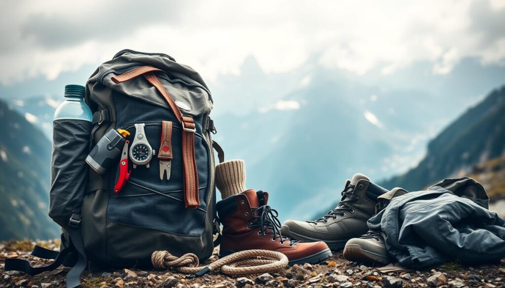 A rugged hiking backpack stands in the foreground, adorned with an array of essential gear - water bottle, compass, multi-tool, and a coiled rope. In the middle ground, a pair of sturdy hiking boots, thick wool socks, and a weatherproof jacket lay neatly arranged. The background features a breathtaking mountain vista, with towering peaks shrouded in misty light. The overall scene evokes a sense of adventure, preparedness, and the awe-inspiring beauty of the great outdoors.