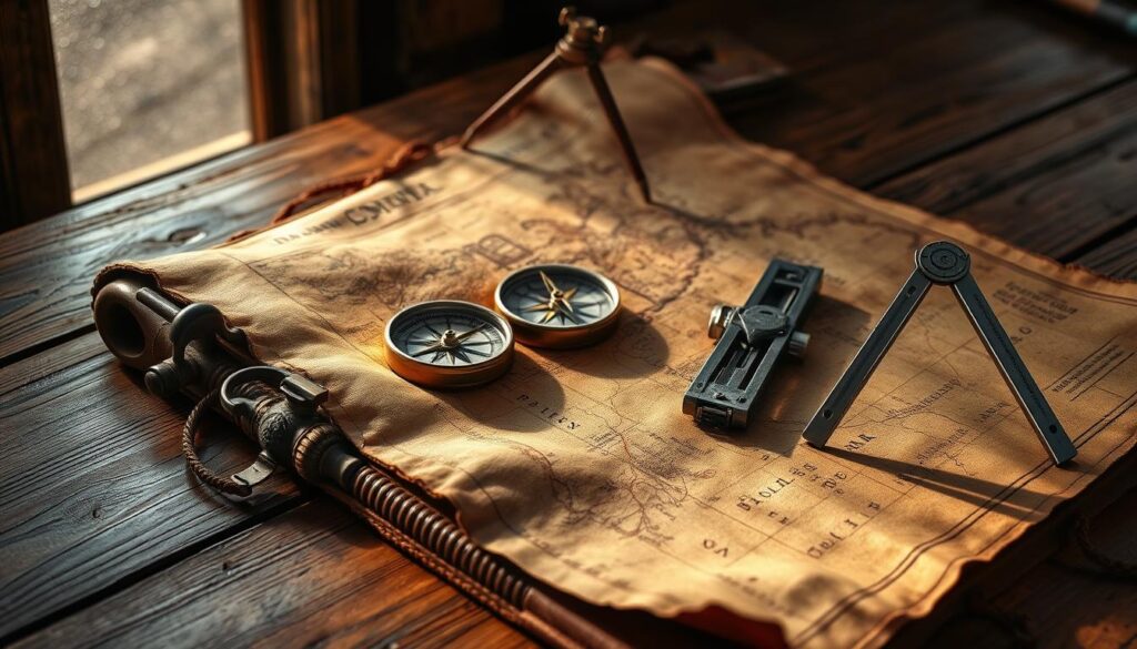 A rugged leather-bound map unfurled on a weathered wooden table, its edges stained by time. A brass compass rests atop the faded cartography, its needle swaying softly as a warm shaft of sunlight filters through a nearby window. Beside it, a series of well-worn navigational tools - a sextant, a protractor, and a set of dividers - stand at the ready, their metal surfaces gleaming with a sense of utility and purpose. The scene exudes a sense of adventure and exploration, hinting at the wonders that await those who dare to venture into the great unknown.