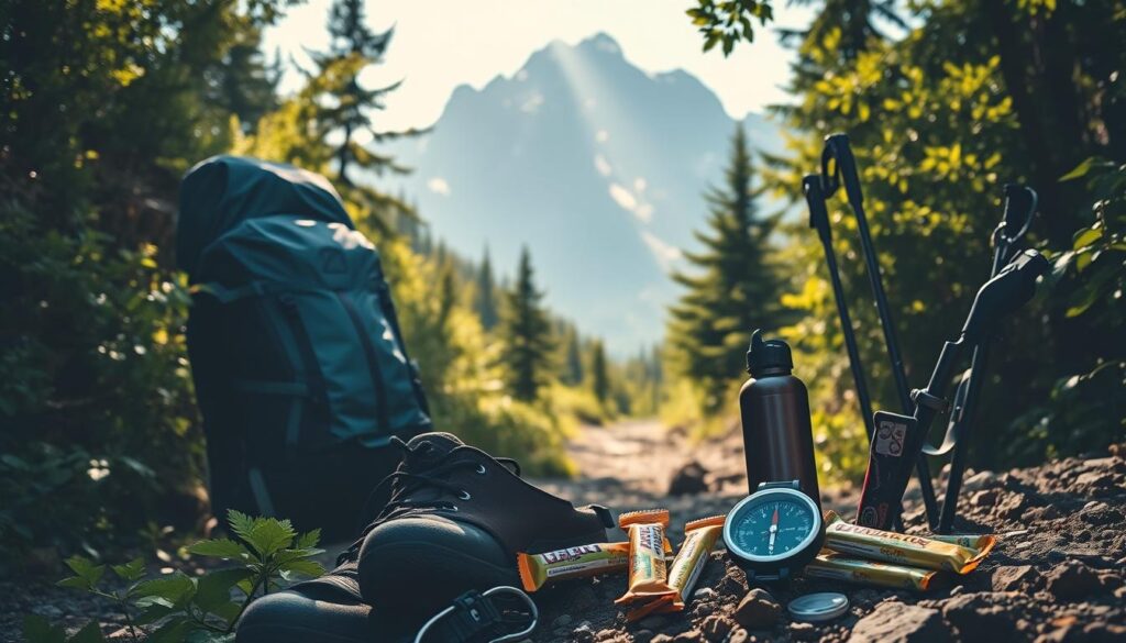 A rugged mountain trail winds through lush foliage, with sunlight filtering through the canopy. In the foreground, a collection of high-quality hiking gear is meticulously arranged: a sturdy backpack, weatherproof jacket, durable boots, and hiking poles. The middle ground showcases a compass, energy bars, and a water bottle, essential for navigating the challenging terrain. In the background, towering peaks rise majestically, their snow-capped summits casting long shadows. The scene conveys a sense of adventure, preparedness, and the allure of conquering nature's grand landscapes.