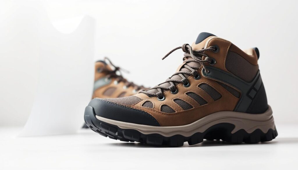 A rugged pair of hiking shoes against a clean, bright background. The shoes are made of durable, weatherproof materials in a neutral color palette, with a sturdy lug sole for traction on varied terrain. The laces are thick and secure, and the tongue and collar are well-padded for comfort. The shoes are neatly arranged, with a slight angle to showcase their profile. Soft, diffused lighting from the side creates gentle shadows and highlights the texture of the materials. The overall mood is practical, versatile, and ready for adventure. A rugged pair of hiking shoes against a clean, bright background. The shoes are made of durable, weatherproof materials in a neutral color palette, with a sturdy lug sole for traction on varied terrain. The laces are thick and secure, and the tongue and collar are well-padded for comfort. The shoes are neatly arranged, with a slight angle to showcase their profile. Soft, diffused lighting from the side creates gentle shadows and highlights the texture of the materials. The overall mood is practical, versatile, and ready for adventure.