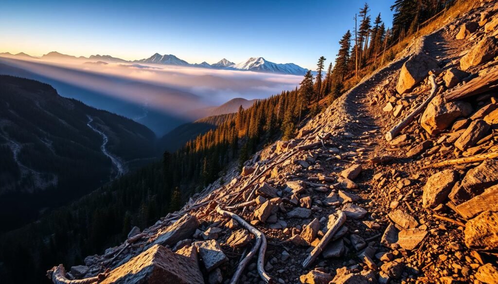 A rugged, steep mountain trail winds through a breathtaking alpine landscape. In the foreground, jagged rocks and exposed roots challenge the hiker's footing. The middle ground features a narrow, winding path cutting through a dense forest of towering evergreens. In the background, snow-capped peaks pierce the misty, golden-hour sky, casting long shadows across the terrain. The scene is illuminated by warm, directional sunlight, creating dramatic contrasts and shadows that highlight the trail's treacherous nature. The overall mood is one of adventure, challenge, and the majestic beauty of the mountainous wilderness.