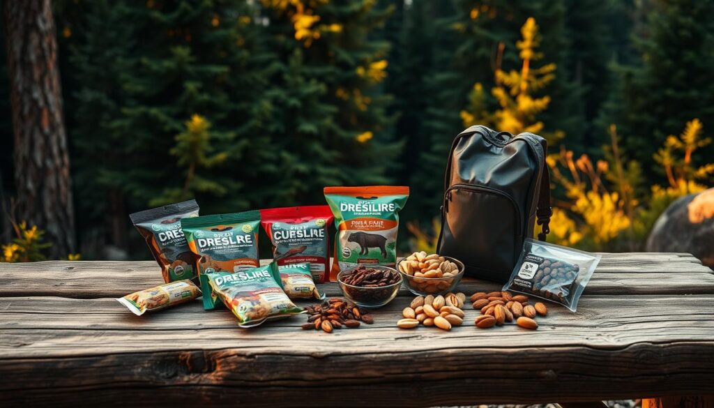 A rustic wooden table set against a backdrop of lush evergreen forest. On the table, an array of trail-ready nutrition - energy bars, dried fruit, nuts, and hydration packs. Warm, golden lighting casts a cozy glow, highlighting the natural textures and earthy tones. The scene conveys the importance of fueling your body for the demands of hiking, with a focus on nutrient-dense, portable snacks that provide sustained energy. The overall atmosphere is one of outdoorsy, adventurous preparedness - a visual representation of why trail nutrition matters for hikers tackling the great outdoors.