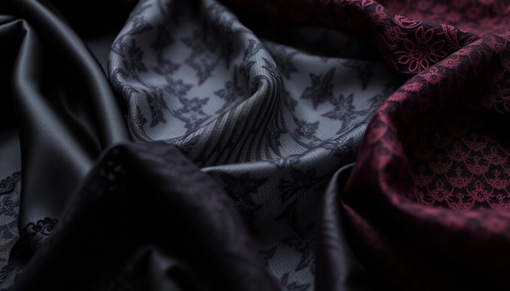 A selection of satin lace fabrics in elegant shades of black, charcoal, and deep burgundy. The lace is delicately ruched, creating a soft, romantic texture that catches the light. The fabrics are arranged in an artful display, with the shimmering satin juxtaposed against the intricate lace patterns. The lighting is soft and diffused, creating a moody, atmospheric scene that highlights the luxurious materials. The camera angle is slightly elevated, allowing the viewer to appreciate the intricate detailing and the interplay of the various fabric textures.