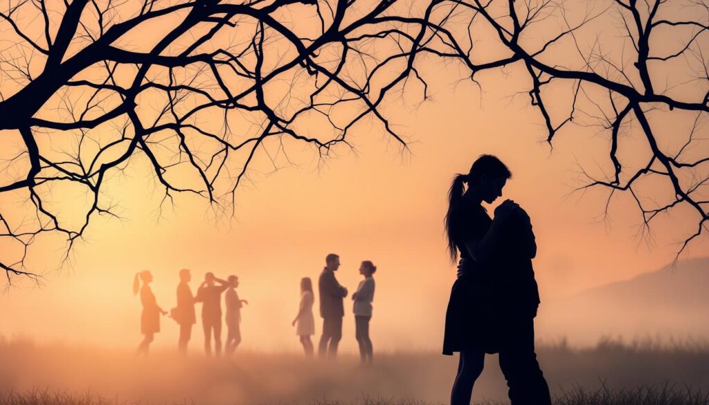 A serene and contemplative scene depicting the intricate web of human relationships. In the foreground, two figures stand facing each other, their silhouettes merging into a single embrace, symbolizing the intimacy and connection between them. The middle ground features a group of people, some engaged in lively conversation, others lost in their own thoughts, reflecting the diverse nature of our interpersonal bonds. In the background, a soft, warm light filters through a hazy, dreamlike landscape, evoking a sense of tranquility and introspection. The overall composition conveys the depth, complexity, and fragility of the relationships that shape our lives.