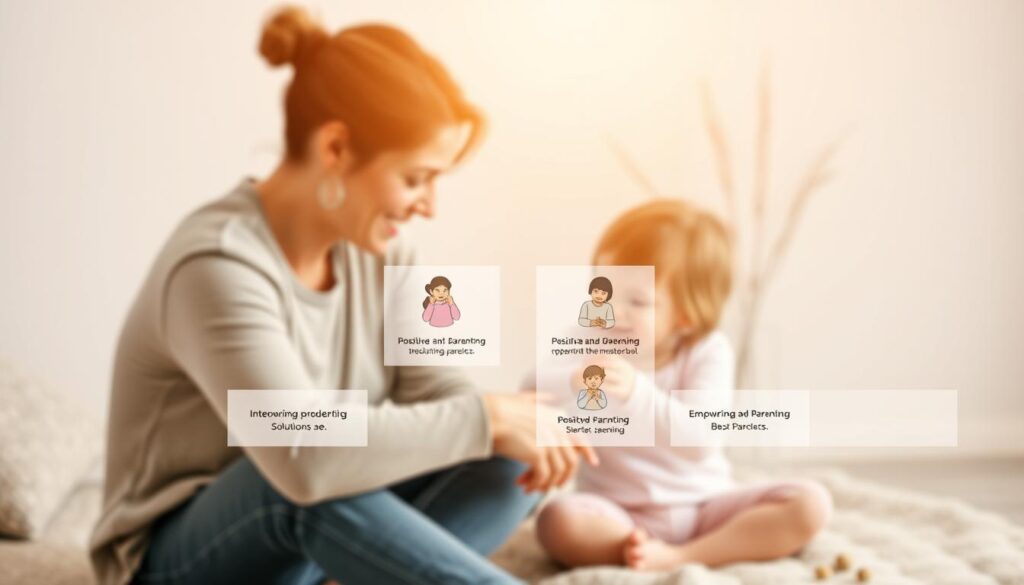 A serene and organized comparison of positive parenting solutions. In the foreground, a warm, softly lit family scene with a parent and child engaging in a joyful activity. In the middle ground, visuals of various positive parenting approaches laid out in a clean, minimalist style. The background features a calming, neutral-toned environment with subtle textures, creating a balanced and harmonious composition. The overall mood is one of tranquility, mindfulness, and a focus on empowering the child's development through nurturing and constructive parenting methods.