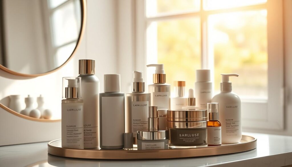 A serene and organized vanity set with an assortment of high-quality skincare products arranged neatly. Bright, natural lighting from a large window bathes the scene in a warm, golden glow. The focus is on the carefully curated selection of lotions, creams, and serums in minimalist packaging, creating a sense of tranquility and intention. A soft, brushed-metal mirror reflects the scene, heightening the sense of order and thoughtfulness. The overall atmosphere evokes a peaceful morning ritual, a moment of self-care and mindfulness to begin the day.