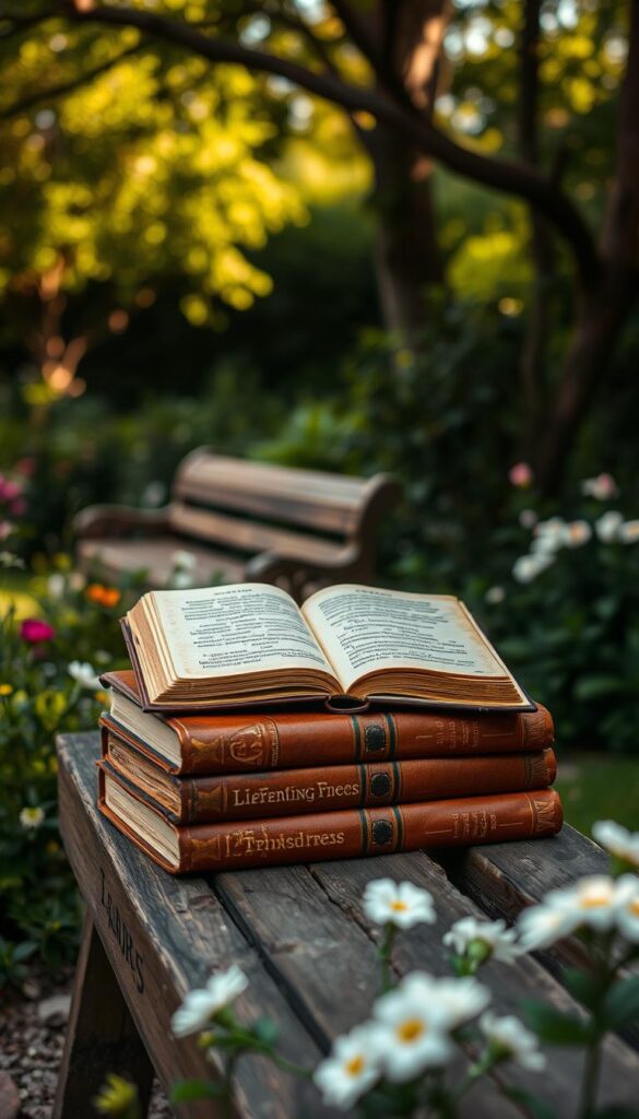 A serene garden setting with a wooden bench, surrounded by lush greenery and blooming flowers. In the foreground, a stack of well-worn, leather-bound books sits atop the bench, their pages open to reveal handwritten friendship quotes. Soft, warm lighting filters through the canopy of trees, creating a cozy, intimate atmosphere. The composition is balanced, with the books taking center stage and the natural elements framing the scene. The overall mood is one of reflection, wisdom, and the enduring strength of lifelong bonds between best friends.