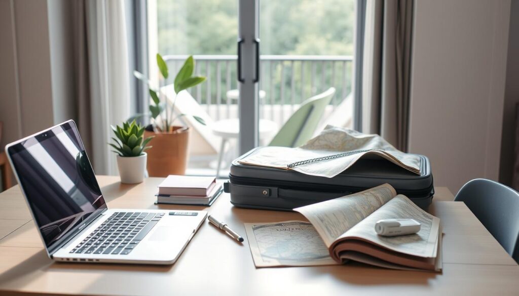 A serene home office, with a neatly organized desk featuring a laptop, stationery, and a potted plant. The background depicts a sun-drenched balcony, with a open book, a compact suitcase, and a map unfurled, conveying a sense of effortless travel preparation. Soft, diffused lighting creates a calming atmosphere, while the color palette of muted blues, greens, and whites evokes a tranquil, stress-free mood. The overall composition suggests a harmonious blend of productivity and relaxation, embodying the essence of "stress-free travel packing".
