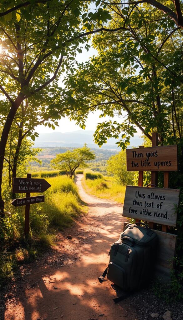 A serene landscape with a winding dirt path leading through lush, verdant foliage. Sunlight filters gently through the canopy, casting a warm, golden glow. In the foreground, handwritten travel quotes are artfully displayed on weathered wooden signs, their words inspiring a sense of wanderlust and possibility. The middle ground features a vintage suitcase and a backpack, symbols of the adventurous spirit. In the background, a breathtaking vista of rolling hills and distant mountains creates a sense of wonder and anticipation. The overall mood is one of tranquility, introspection, and the excitement of embarking on a transformative journey.