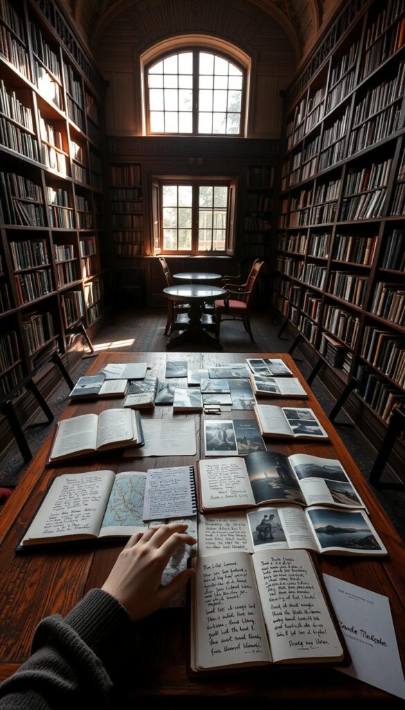 A serene library interior, with rows of bookshelves lining the walls, filtered sunlight streaming through large windows. In the center, a wooden table is laid out with various travel journals, maps, and scrapbooks. Delicate hands carefully match handwritten quotes to corresponding photographs, evoking memories of past journeys. The atmosphere is one of quiet contemplation, a sense of connection between the written word and the captured moment. Soft, warm lighting casts an inviting glow, drawing the viewer into this tranquil space where the art of curating travel reflections unfolds.