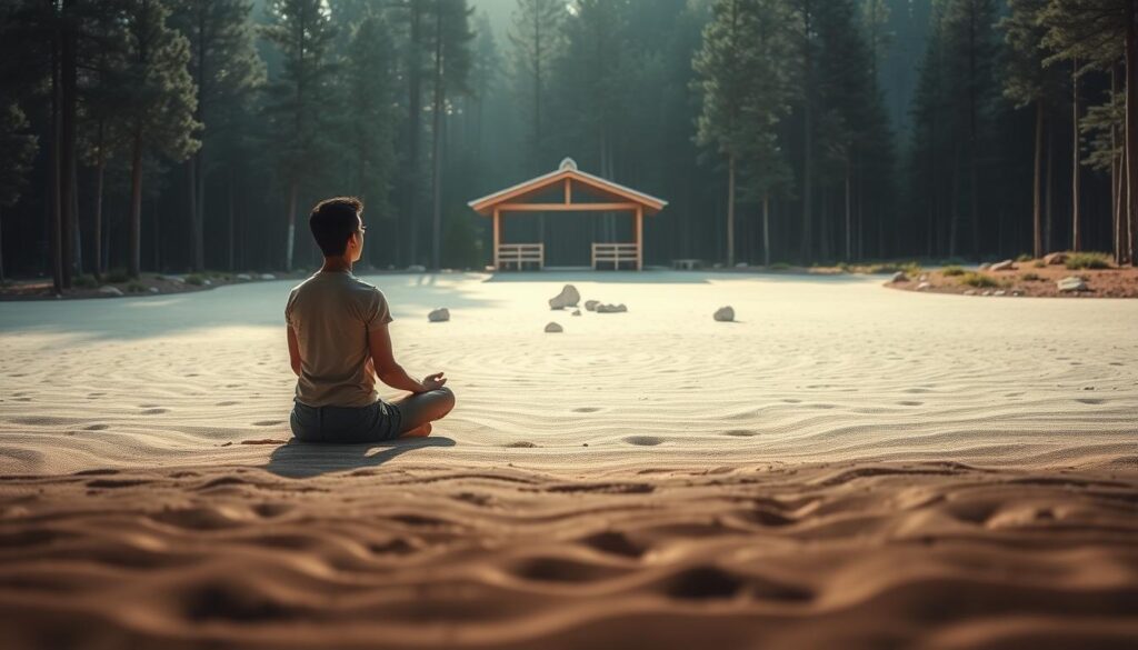 A serene, minimalist scene depicting self-discipline. In the foreground, a person sits cross-legged, eyes closed, radiating an aura of focus and inner calm. The middle ground features a sparse, zen-inspired landscape - a rock garden, with raked patterns in the sand. In the background, a simple, wooden structure, perhaps a meditation hall or retreat center, stands amidst a tranquil forest. Natural lighting filters through the trees, casting a warm, diffused glow over the entire scene. The overall tone is one of stillness, control, and dedication to personal growth.