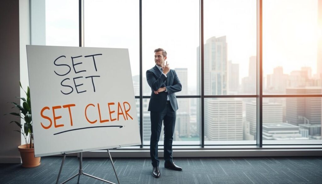 A serene office setting with a large whiteboard in the foreground, displaying the words "SET CLEAR GOALS" written in bold, vibrant text. In the middle ground, a businessman standing with a focused expression, holding a marker and contemplating his next steps. The background features a window overlooking a cityscape, bathed in soft, warm lighting, creating a productive and inspirational atmosphere. The overall composition conveys a sense of purposeful determination and the importance of setting well-defined objectives to achieve success.