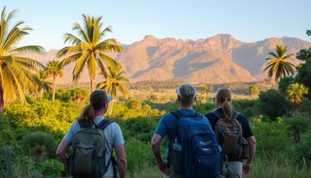 A serene outdoor scene showcasing local hiking guides in Fort Myers, Florida. In the foreground, a group of experienced guides stand ready to lead a hiking excursion, their backpacks and hiking gear visible. The middle ground features a lush, verdant landscape with towering palm trees and vibrant foliage, hinting at the natural wonders that await explorers. In the background, a majestic mountain range rises, its peaks bathed in warm, golden light. The overall atmosphere conveys a sense of adventure, exploration, and the beauty of the great outdoors. The image is captured with a wide-angle lens, emphasizing the scale and grandeur of the setting, and lit by soft, natural lighting that enhances the tranquil, inviting mood.