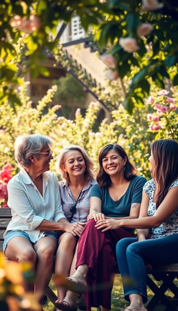 A serene, sun-dappled garden setting, with lush foliage and blooming flowers in the background. In the foreground, a group of friends, their faces radiant with genuine connection, sitting together on a wooden bench, exchanging heartfelt words. Soft, warm lighting illuminates their expressions, conveying a sense of comfort and understanding. The overall mood is one of tranquility, resilience, and the profound power of friendship to lift spirits during life's challenges.