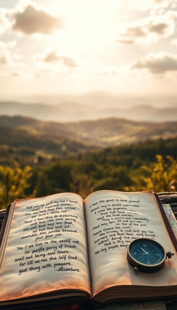 A serene, sun-dappled landscape stretches out, with rolling hills and lush forests in the distance. In the foreground, a weathered leather journal lies open, its pages filled with hand-lettered quotes about the joys of exploration and the thrill of the unknown. Beside it, a vintage compass and a well-worn map, hinting at the adventures yet to unfold. The scene is bathed in warm, golden light, evoking a sense of nostalgia and the timeless allure of the great outdoors. Wispy cloud formations drift overhead, lending a touch of whimsy and a feeling of possibility. This is a scene that invites the viewer to embark on their own journey of self-discovery, fueled by the captivating words that adorn the pages.