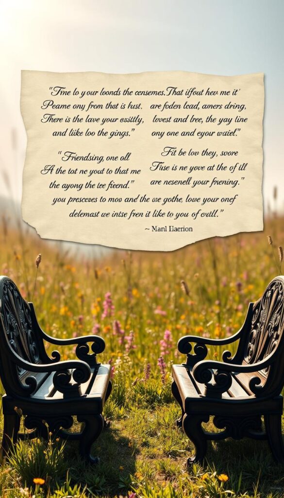 A serene, sun-dappled meadow dotted with wildflowers, forming a peaceful backdrop for a collage of inspirational friendship quotes handwritten in ornate calligraphy on parchment-like paper, gently suspended in the air, their words radiant with a soft, ethereal glow. In the foreground, a pair of intricately carved wooden benches face each other, inviting friends to sit and reflect on the timeless wisdom and emotional resonance of the displayed quotes. The overall scene conveys a sense of timelessness, a celebration of the enduring bonds of friendship.
