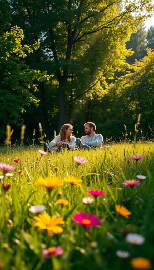 A serene, sun-dappled meadow with vibrant wildflowers in the foreground. In the middle ground, two friends recline on a picnic blanket, engaged in a heartfelt conversation. The background features a lush, verdant forest, with rays of golden light filtering through the canopy. The overall atmosphere is one of warmth, comfort, and deep connection. The lighting is soft and natural, accentuating the friends' expressions and highlighting the beauty of the natural setting. The camera angle is slightly elevated, creating a sense of intimacy and inclusion for the viewer.