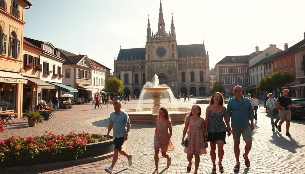A serene, sun-dappled scene of a picturesque town square, with a central fountain and cobblestone paths leading to charming cafes and quaint shops. In the foreground, a family casually strolls, admiring the seasonal blooms and enjoying the warm, gentle breezes. In the middle ground, a group of friends laughs and chats, their expressions radiating the carefree spirit of summer vacation. The background features a stunning cathedral, its towering spires casting long shadows across the square, hinting at the passage of time and the changing of the seasons. The lighting is soft and diffused, creating a dreamlike, nostalgic atmosphere, inviting the viewer to imagine the perfect moment to plan their next getaway.
