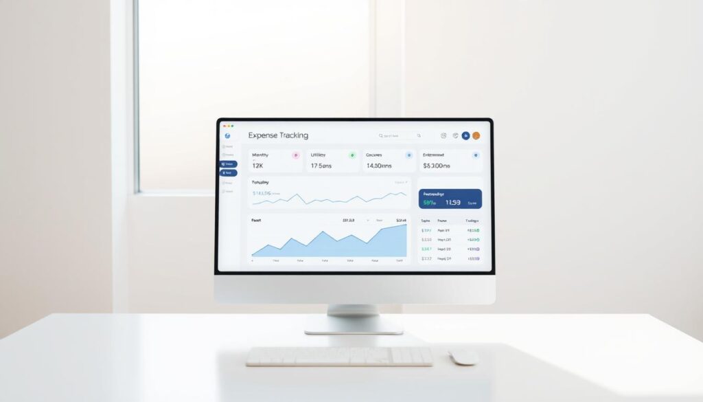A sleek and modern expense tracking dashboard displayed on a minimalist white desk, illuminated by soft, natural lighting from a large window. In the foreground, a stylized graph visually represents monthly spending, with distinct sections for various expense categories such as rent, utilities, groceries, and entertainment. The middle ground features a simple yet intuitive user interface, with clean typography and intuitive icons guiding the user through the tracking process. In the background, a subtle gradient or textured wallpaper creates a serene, professional atmosphere, complementing the overall design aesthetic.
