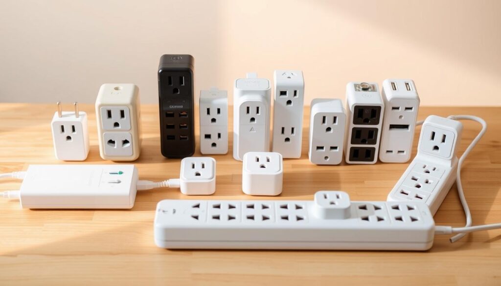 A sleek arrangement of smart plugs and power strips with various USB ports and outlets. The devices are neatly organized on a minimalist wooden table, bathed in soft, warm lighting that highlights their clean, modern design. The plugs and strips are in different neutral tones, creating a harmonious, high-tech aesthetic. In the background, a subtle gradient provides a clean, uncluttered backdrop, allowing the smart home devices to be the focal point. The image conveys a sense of efficiency, control, and seamless connectivity, reflecting the section's title "Smart Plugs and Power Strips: Remote Control for Any Device."