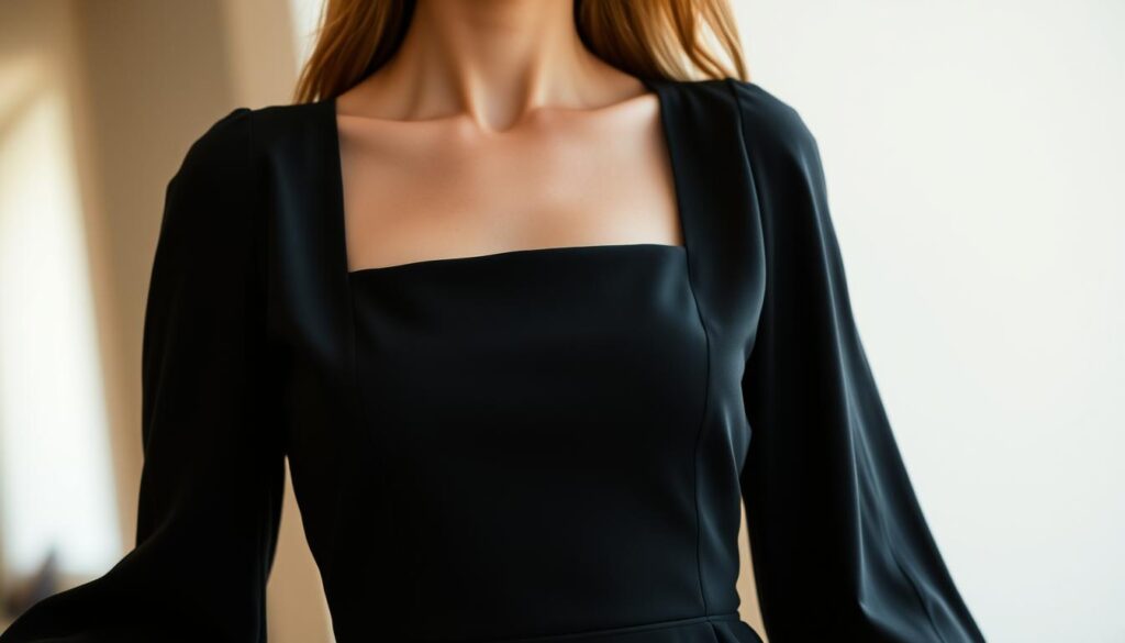 A sleek, black square-neck dress sways gracefully, its fluid silhouette accentuating the wearer's elegant figure. Soft, diffused lighting casts a warm glow, creating a seamless transition from day to night. The dress's tailored lines and minimalist design exude an effortless sophistication, perfect for transitioning from the office to an evening event. The image is captured in a flattering three-quarter view, highlighting the delicate details of the neckline and the way the fabric drapes over the wearer's form. The background is purposefully blurred, keeping the focus on the dress and the wearer's captivating presence.