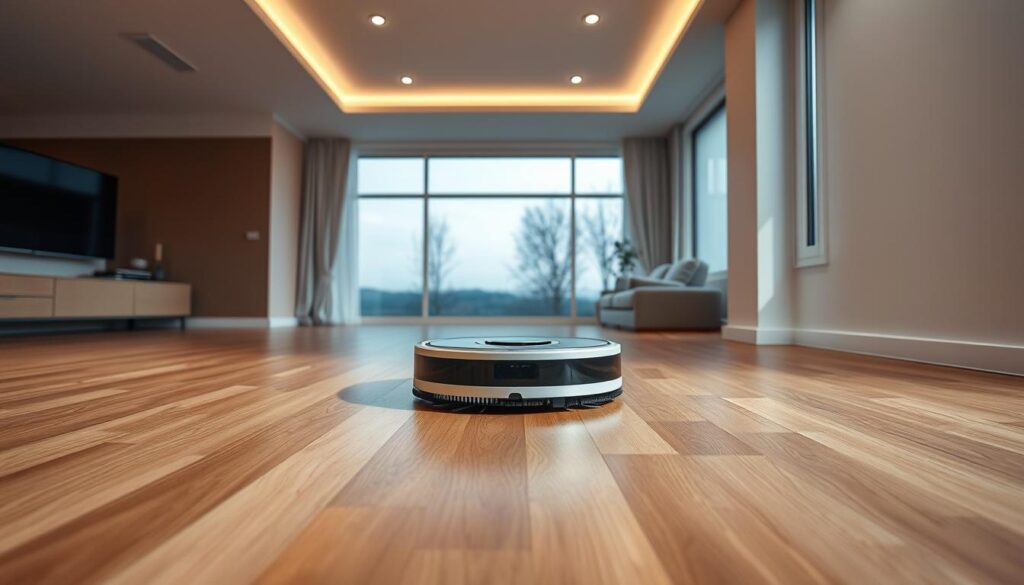 A sleek, futuristic robot vacuum and mop hybrid glides effortlessly across a spotless hardwood floor, its brushes and mop pads meticulously cleaning every inch. Soft, indirect lighting from recessed ceiling fixtures casts a warm, ambient glow, while large windows in the background offer a scenic view of a modern, minimalist living room. The robot's sensors and cameras are precisely calibrated, allowing it to navigate the space with impressive efficiency and attention to detail. Its compact, streamlined design seamlessly blends into the elegant, clutter-free environment, showcasing the seamless integration of advanced home technology and thoughtful interior design.