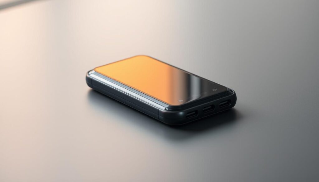 A sleek, high-capacity power bank rests on a minimalist desk, its glossy surface catching the warm glow of a diffused natural light. The device's curved edges and clean lines suggest premium craftsmanship, while its substantial size and weight imply robust, long-lasting power storage. In the middle ground, a smooth, slate-gray backdrop provides a subtle, elegant contrast, allowing the power bank to take center stage. The overall composition conveys a sense of portable, on-demand energy - a vital tech accessory for the modern, fast-paced lifestyle.