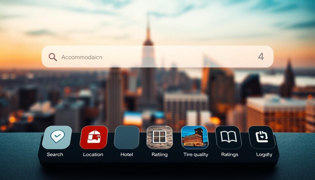 A sleek, minimalist interface with intuitive controls for searching and booking accommodations. Modern and sophisticated hotel app icons in the foreground, showcasing various features like location, pricing, and ratings. In the middle ground, a grid of hotel thumbnails with vivid, high-quality imagery. The background is a softly blurred city skyline, evoking a sense of urban travel and exploration. Warm, inviting lighting creates a pleasant, user-friendly atmosphere. The composition emphasizes the app's simplicity, efficiency, and ability to seamlessly connect travelers with their ideal lodging.