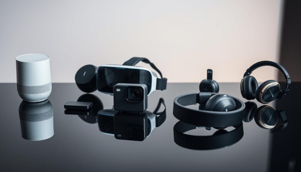 A sleek, minimalist table display showcasing an array of the latest tech gifts - a smart home assistant, a foldable wireless charger, a VR headset, a compact 4K action camera, and a state-of-the-art noise-cancelling headphone set. The items are bathed in soft, directional lighting, highlighting their modern, premium design. The table's surface reflects the products, creating a sense of depth and elevating the high-tech sophistication of the scene. The background is a clean, neutral workspace, allowing the tech gadgets to take center stage as the perfect present for the modern man.