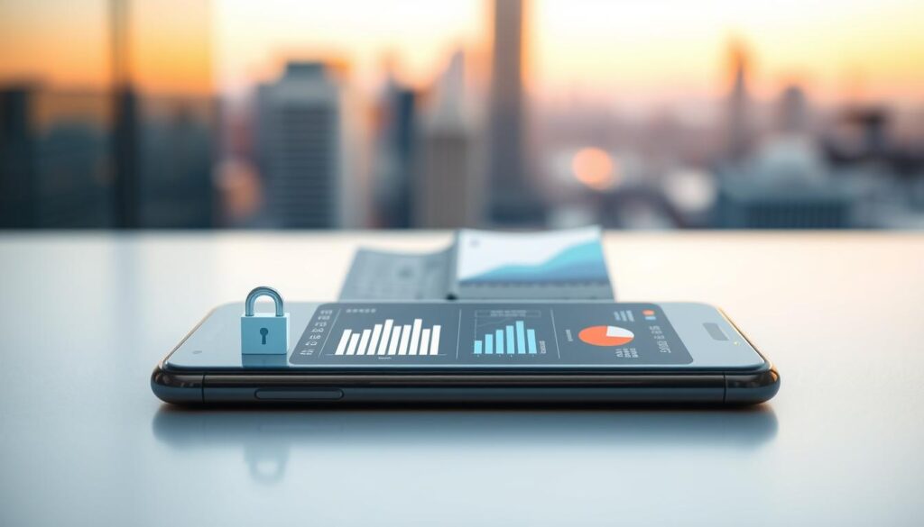 A sleek, modern budgeting app interface, displayed on a minimalist smartphone screen. In the foreground, security icons and symbols convey the app's robust encryption, data protection, and privacy features. The middle ground showcases elegant infographics and data visualizations, highlighting the app's comprehensive financial tracking and analysis capabilities. The background features a blurred cityscape, symbolizing the app's ubiquitous accessibility and real-world applicability. The overall scene is illuminated by warm, directional lighting, creating a sense of trust, reliability, and technological sophistication.