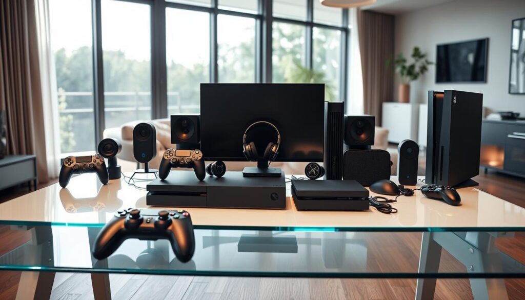 A sleek, modern gaming setup with an array of high-end gaming consoles and accessories arranged on a minimalist, glass-topped desk. The consoles are placed in the foreground, with various game controllers, headphones, and a gaming mouse positioned around them. The background features a stylish, contemporary room with large windows that allow natural light to pour in, creating a warm and inviting atmosphere. The image is captured from a slightly elevated angle, emphasizing the clean, well-organized layout of the setup. The overall mood is one of sophistication and technological prowess, perfectly suited for the "Best Tech Gifts for Man Who Loves Gaming" section of the article.