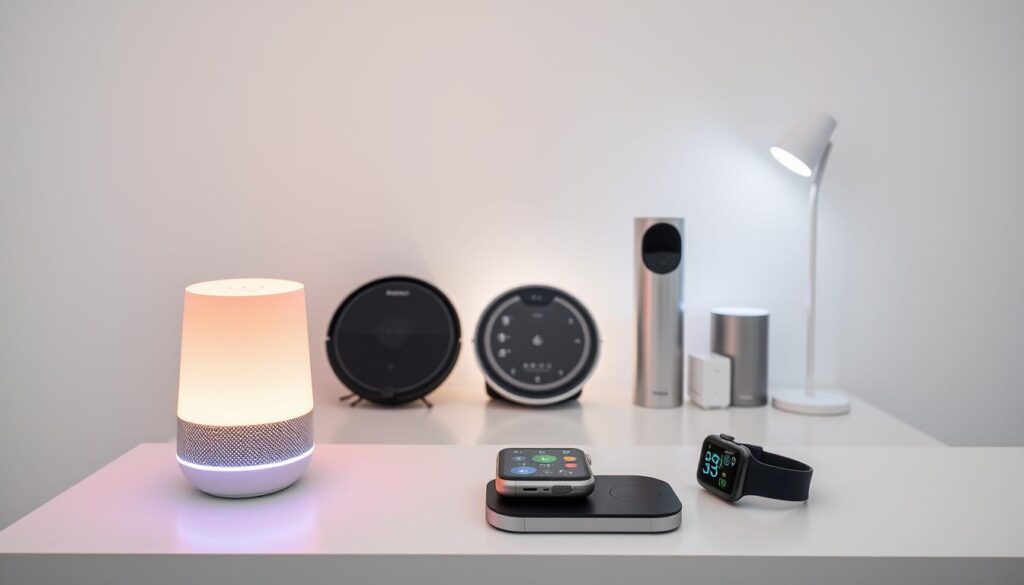A sleekly designed arrangement of smart home devices, artfully displayed against a minimalist white backdrop. In the foreground, a voice-controlled virtual assistant sits atop a chic side table, its glowing LED interface emanating a soft, ambient glow. Slightly behind it, a touchscreen tablet controls a variety of interconnected smart appliances - a robotic vacuum cleaner, a thermostat, and smart lighting - all working in harmony to automate daily household tasks. In the middle ground, a smartwatch rests on a wireless charging pad, its display showcasing real-time data and notifications. The overall scene conveys a sense of effortless, high-tech convenience, capturing the transformative impact of intelligent devices on modern living.