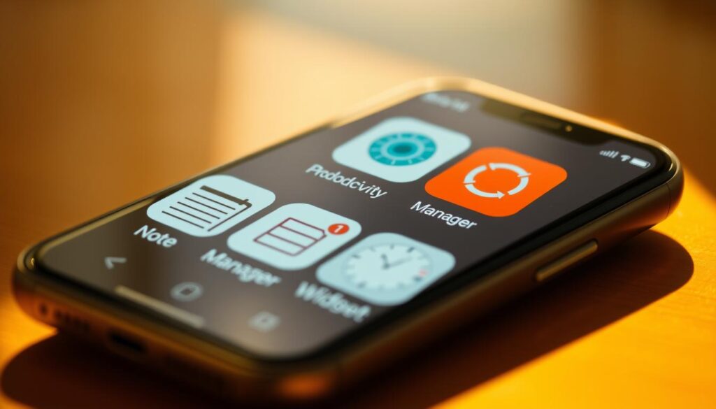 A smartphone screen displaying a collection of productivity-enhancing features - a calendar app, a to-do list manager, a note-taking tool, and a time management widget. The screen is bathed in warm, natural lighting that casts a soft glow, creating a sense of focus and efficiency. The angle is slightly high, conveying a sense of control and organization. The background is blurred, drawing the viewer's attention to the carefully curated suite of applications designed to help the user maximize their time and achieve their goals.