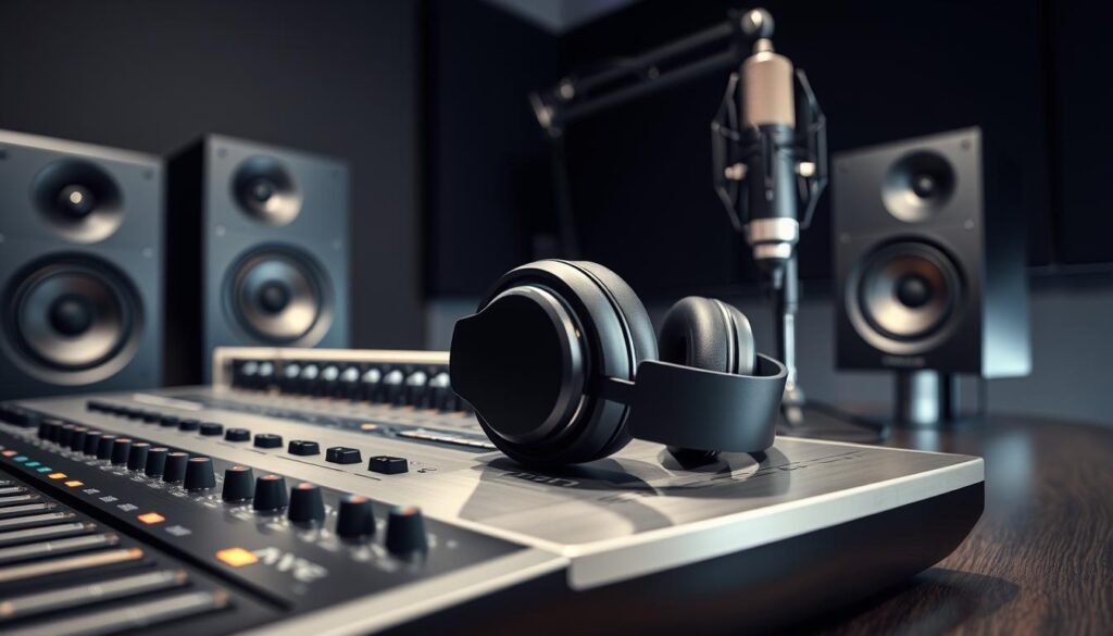 A sophisticated array of audio equipment arranged in a sleek, modern studio setting. In the foreground, a pair of high-end studio headphones with a minimalist, angular design rests atop a polished, brushed-metal mixing console. The middle ground features a state-of-the-art digital audio interface, its sleek lines and backlit controls creating a subtly futuristic ambiance. In the background, a professional-grade microphone on a adjustable boom arm stands ready to capture pristine vocals or instrumentation, while a pair of precision studio monitors emit a warm, balanced sound. The entire scene is bathed in a soft, directional lighting that accentuates the equipment's metallic finishes and creates a sense of depth and atmosphere befitting a high-end audio enthusiast's workspace.